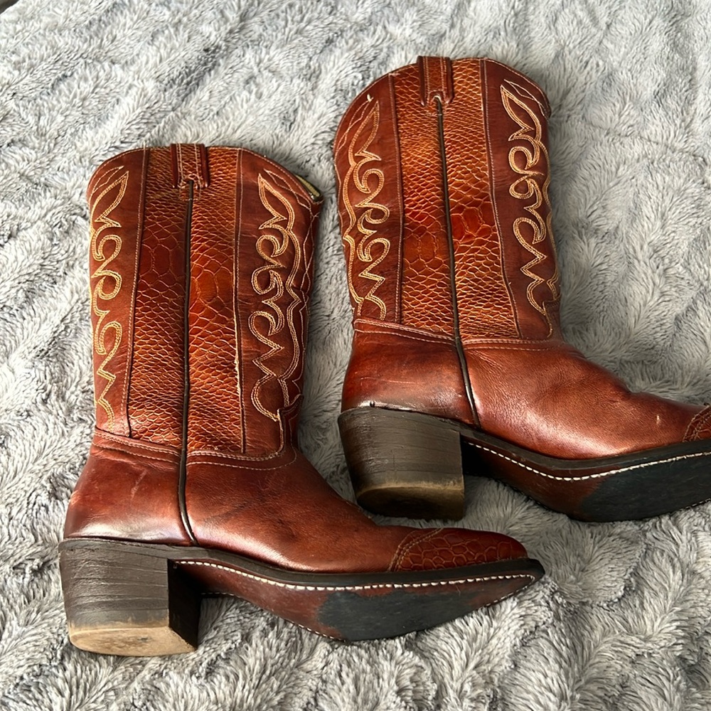 Brown leather cowboy boots